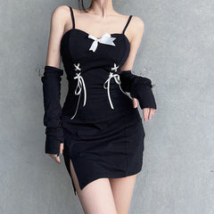Strap Slit Slim Fit Sleeve Dress