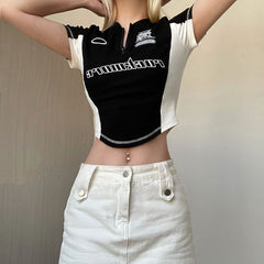 Half Zip Logo Graphic Crop Top