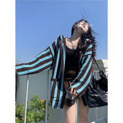 Knit Contrast Color Stripe Hooded Cardigan