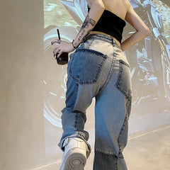 Harajuku Style Retro Colorblock High Waist Jeans