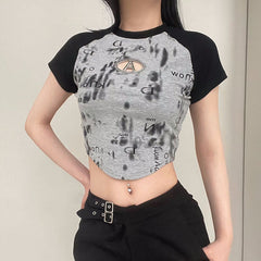 Vintage Metal Letter Raglan Sleeve Crop Top
