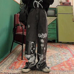 Spoof abstract character print jeans