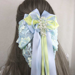 Blue Flower Long Tail Bow Hair Pin