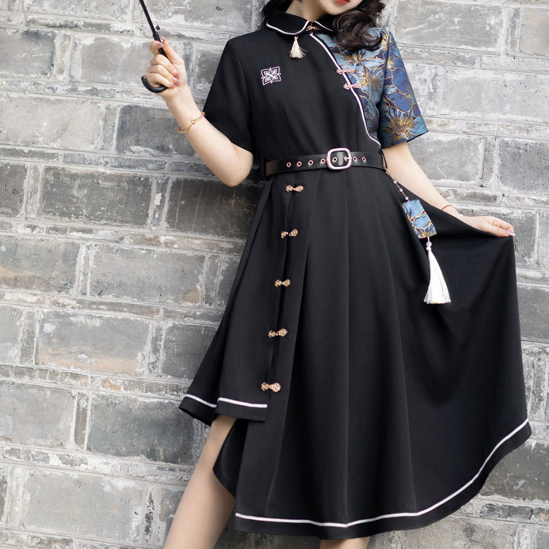 Black Retro Flower Button Dress