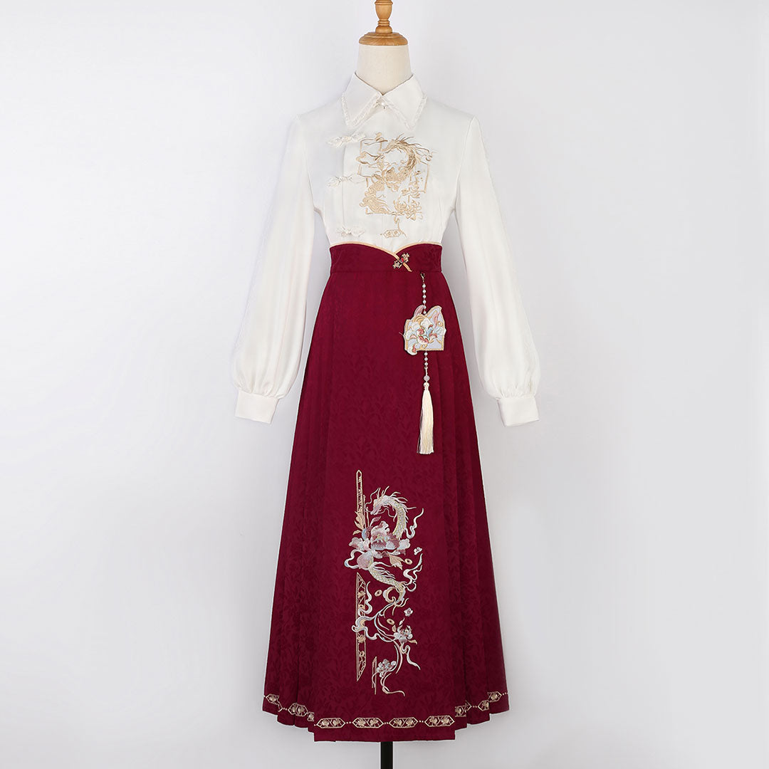 Loong Embroidery Shirt Flower Skirt Set