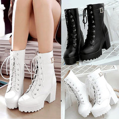 Black White Lace up Boots