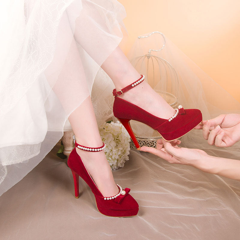 Beaded Red Bow Heels Shoes