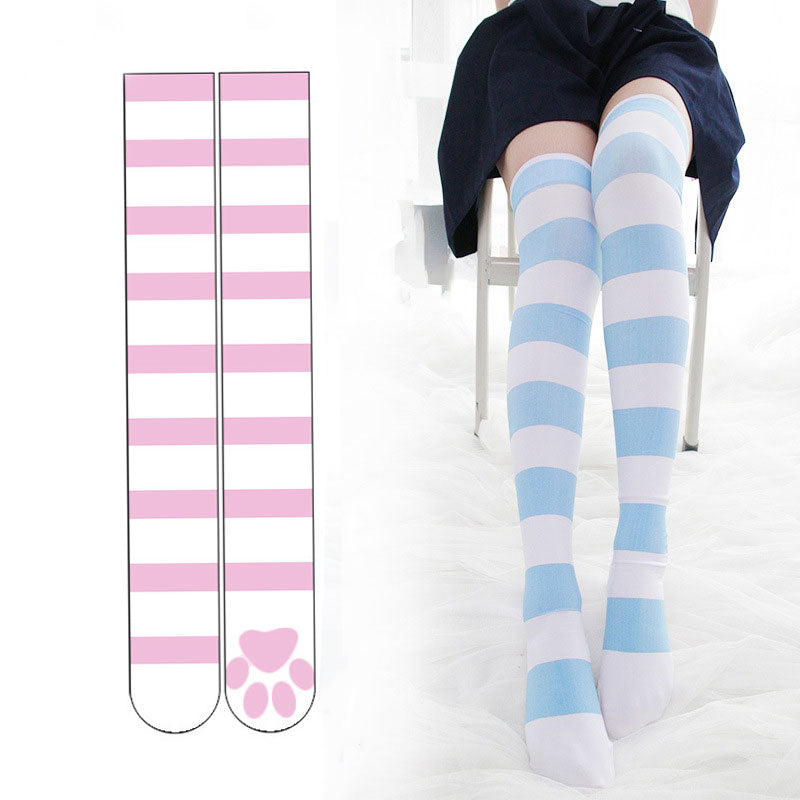 Lolita Over Knee Socks Strip Kawaii Cat Paw JK Stockings