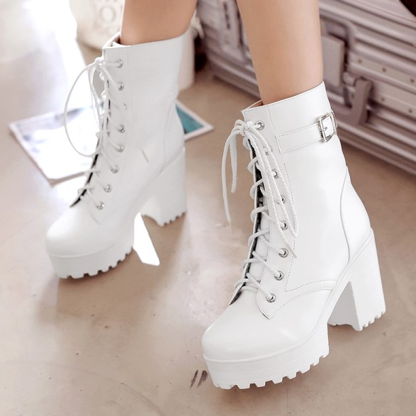 Black White Lace up Boots