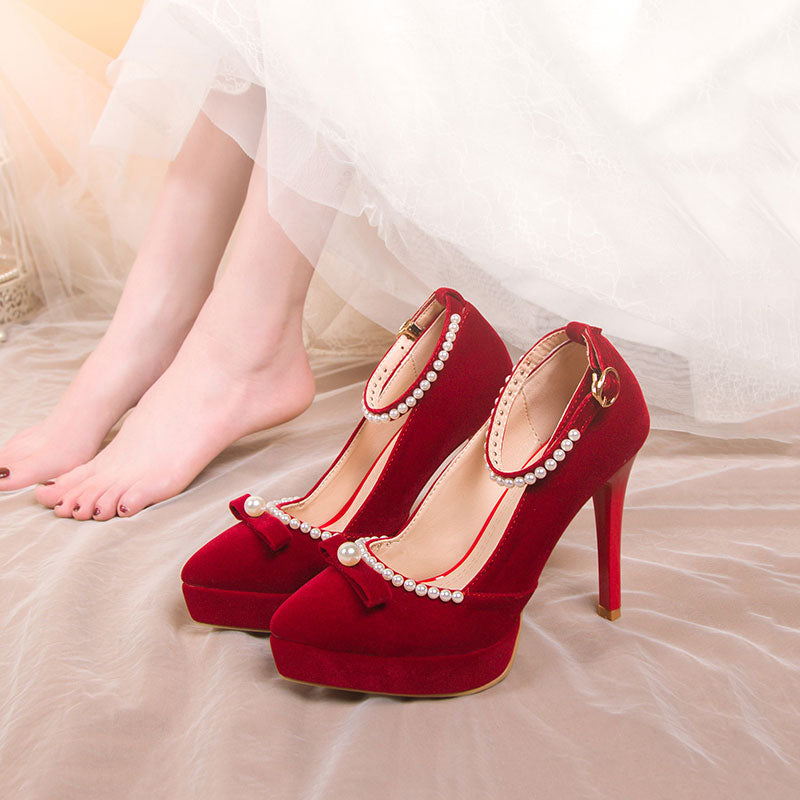 Beaded Red Bow Heels Shoes