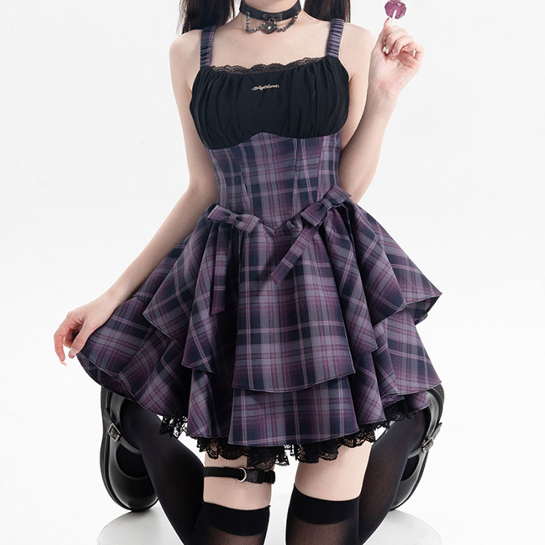 Lace Bow Purple Plaid Dress Set