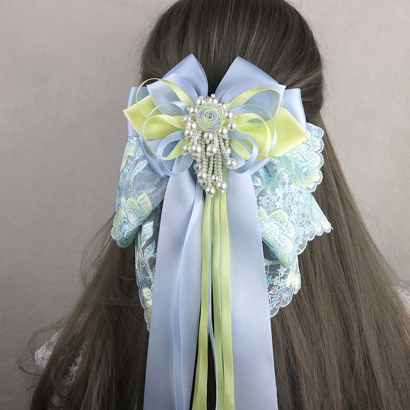 Blue Flower Long Tail Bow Hair Pin