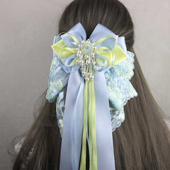 Blue Flower Long Tail Bow Hair Pin