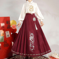 Loong Embroidery Shirt Flower Skirt Set