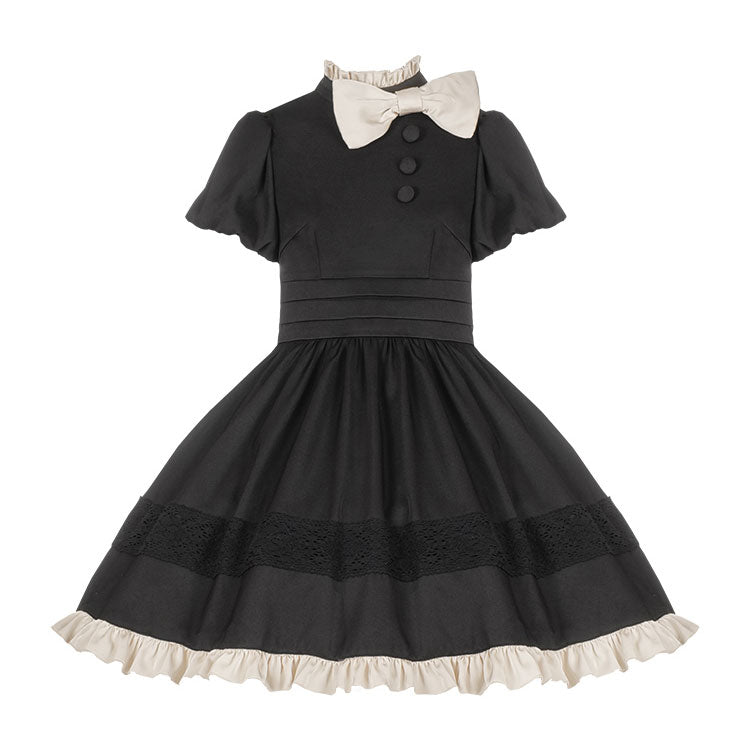 Black Short-sleeved Bow Dress