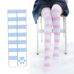 Lolita Over Knee Socks Strip Kawaii Cat Paw JK Stockings