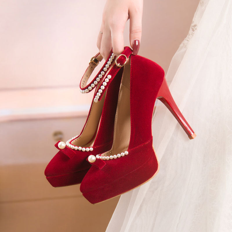 Beaded Red Bow Heels Shoes