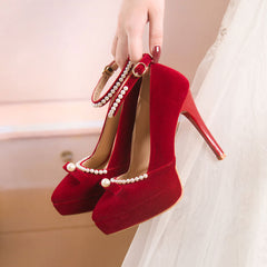 Beaded Red Bow Heels Shoes