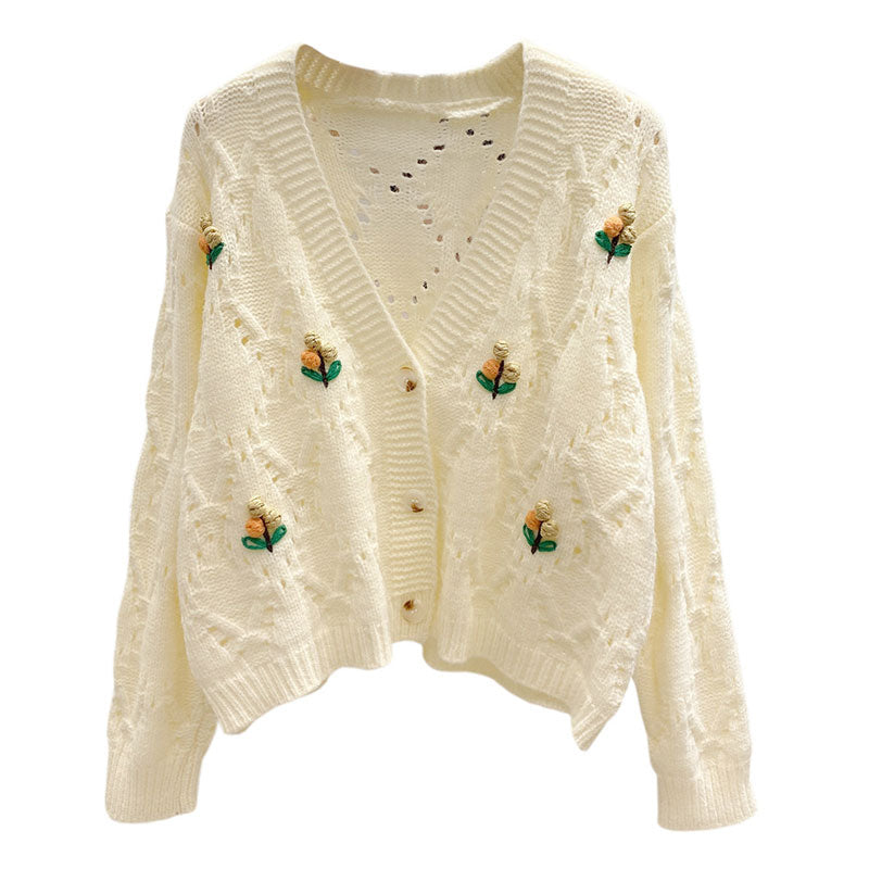 Beige Floral Cardigan Sweater