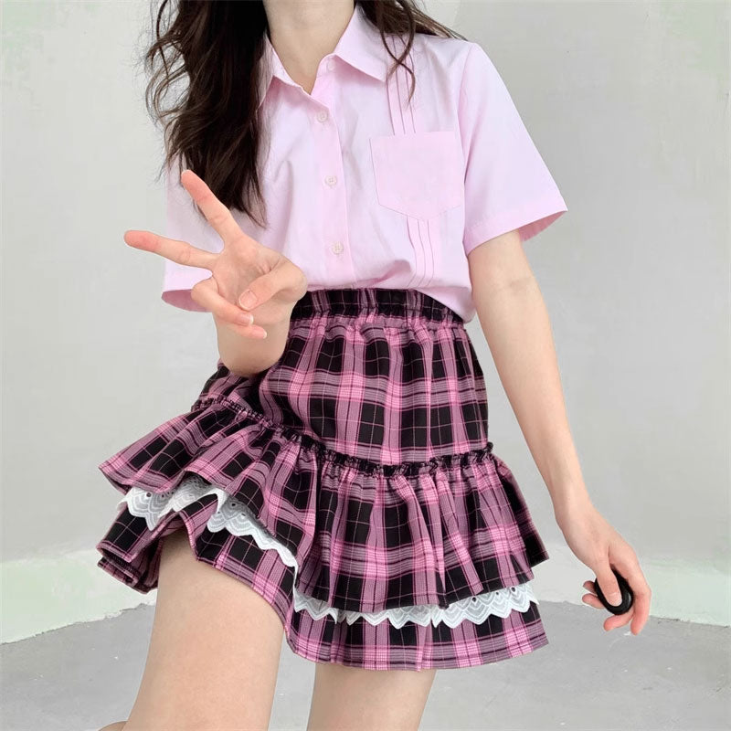 Black Pink Lace Plaid Skirt