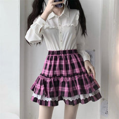 Black Pink Lace Plaid Skirt