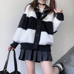 Black White Striped Cardigan Sweater Coat