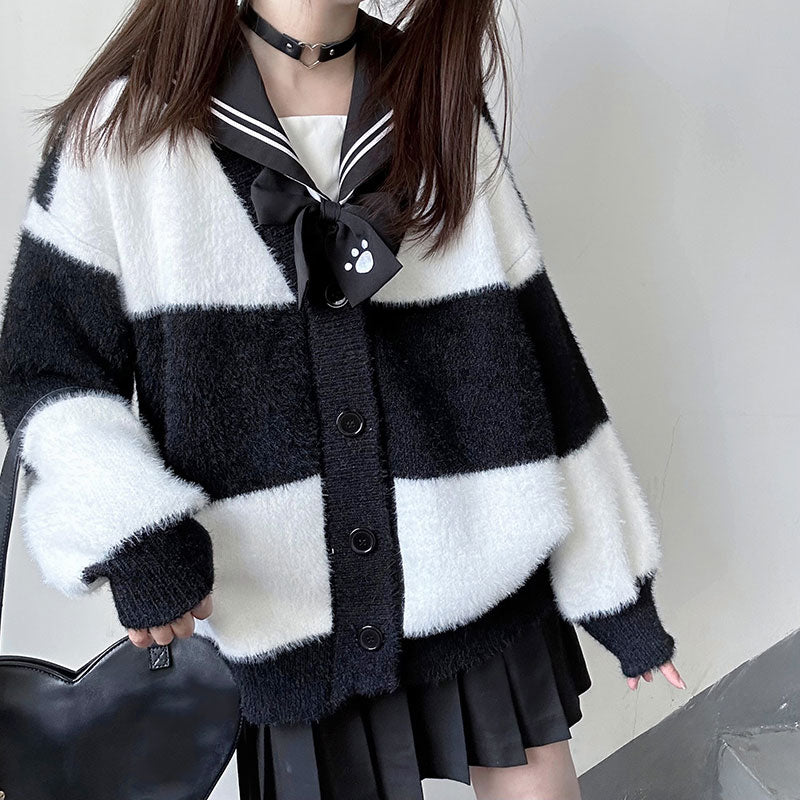 Black White Striped Cardigan Sweater Coat