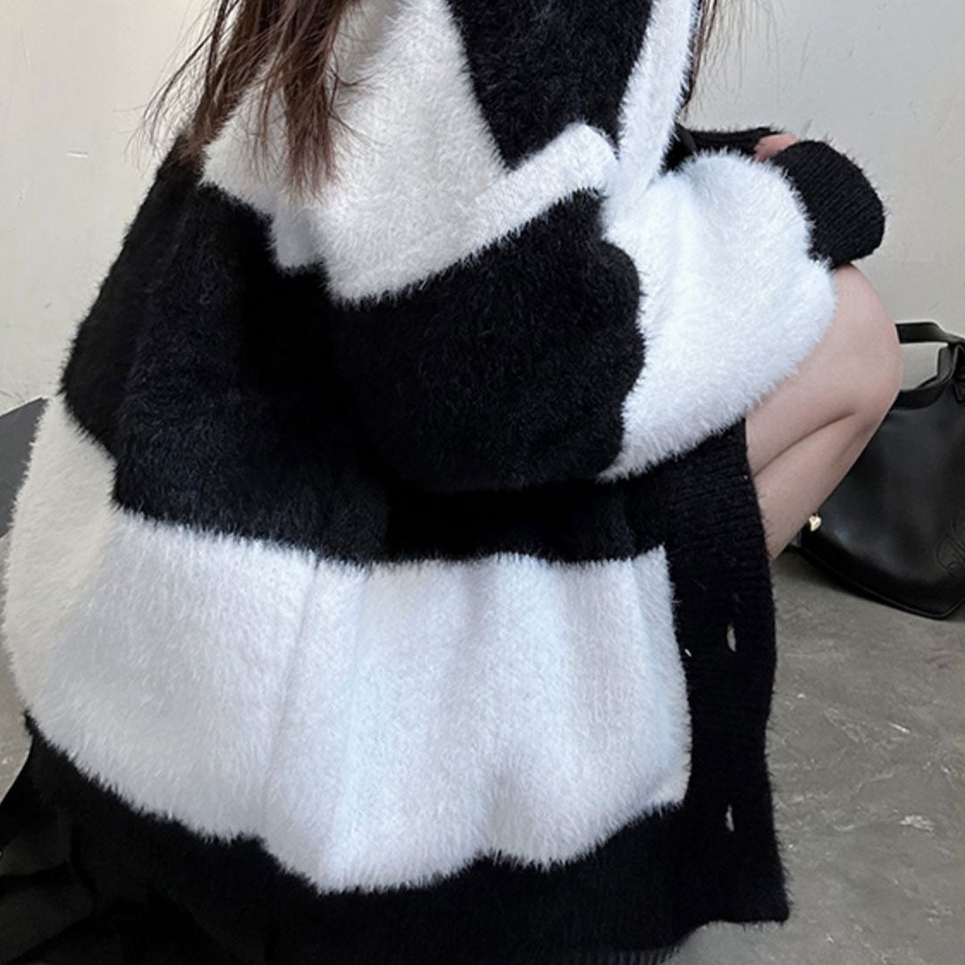 Black White Striped Cardigan Sweater Coat