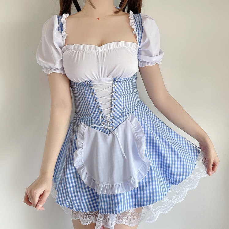 Blue Plaid Lace Maid Dress