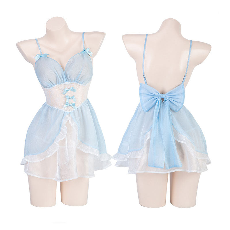 Blue Uniform Dress With Lace Bow