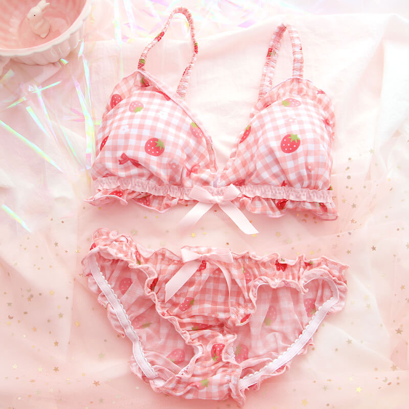 Bow Strawberry Grid Lingerie Set