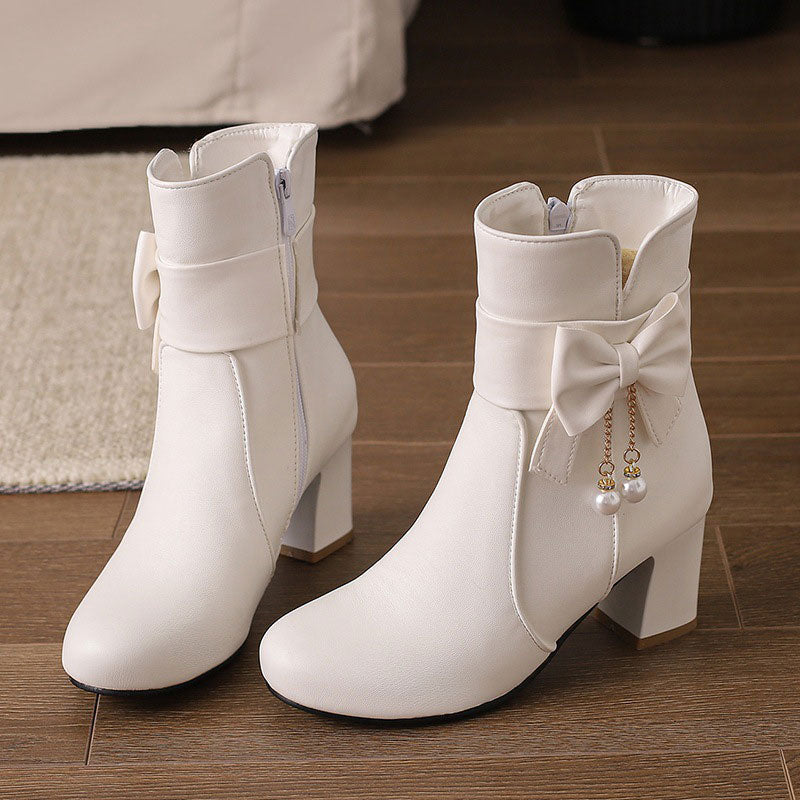 Bow Chunky High Heels Shoes For Women