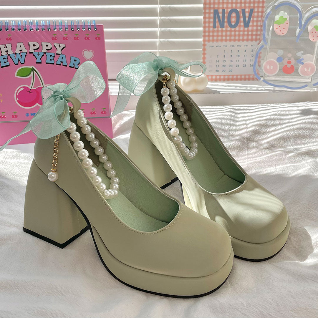 Bow Green Chunky Heels Shoes