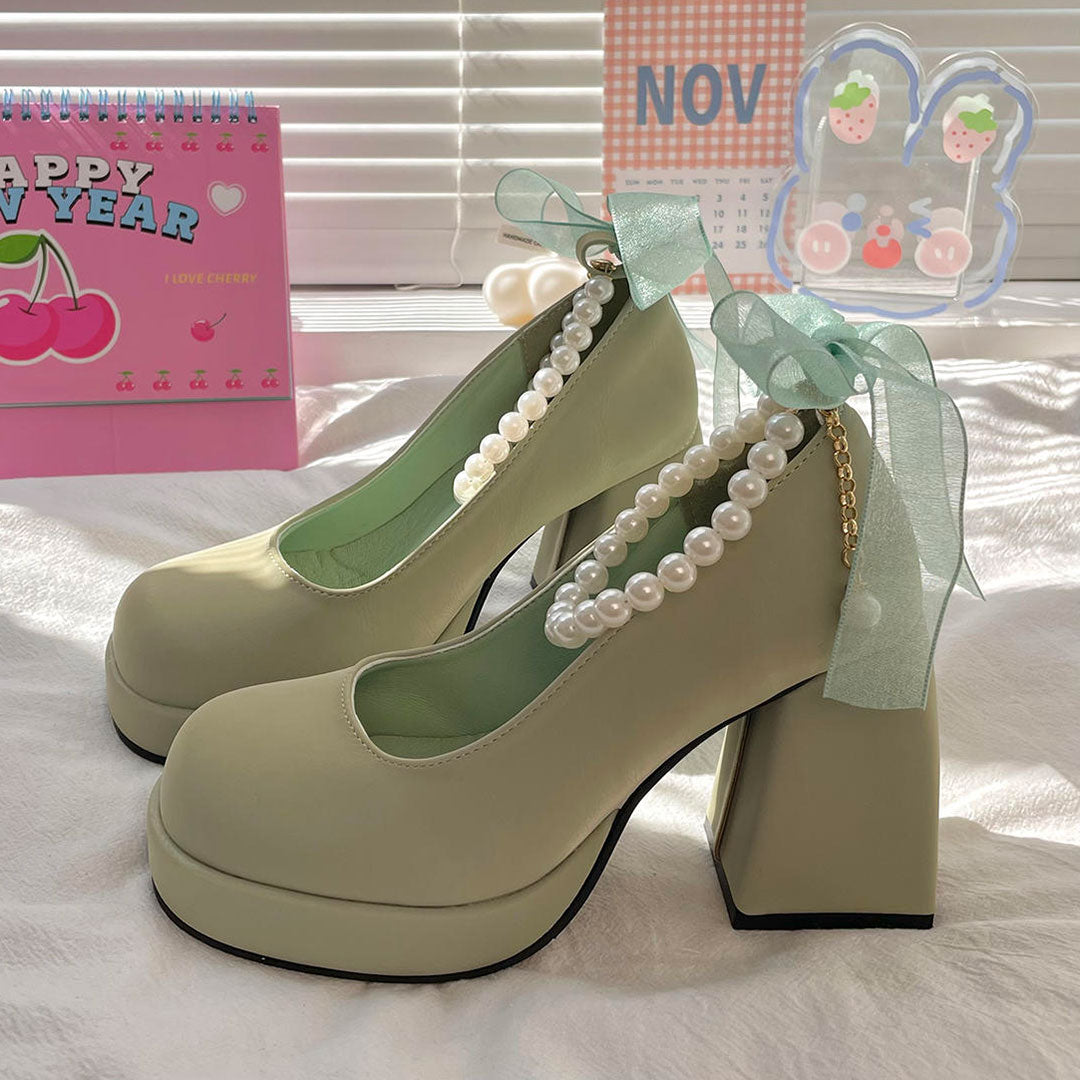 Bow Green Chunky Heels Shoes