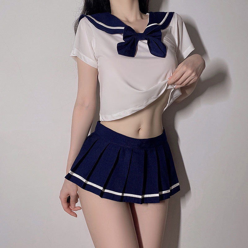 Bow Navy Pleated Skirt Set