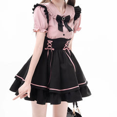 Bow Pink Shirt Ribbon Black Skirt Set