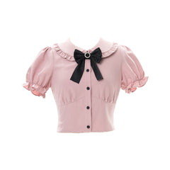 Bow Pink Shirt Ribbon Black Skirt Set