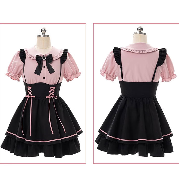 Bow Pink Shirt Ribbon Black Skirt Set