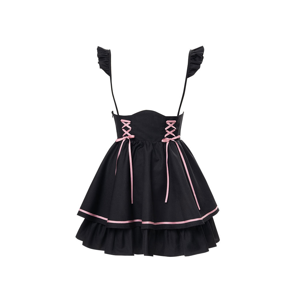 Bow Pink Shirt Ribbon Black Skirt Set