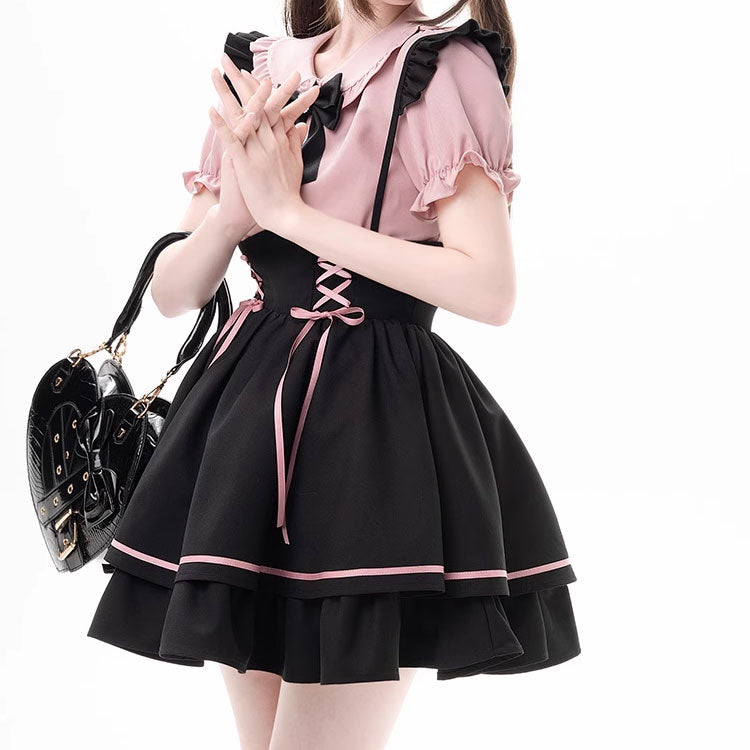 Bow Pink Shirt Ribbon Black Skirt Set