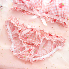 Bow Strawberry Grid Lingerie Set