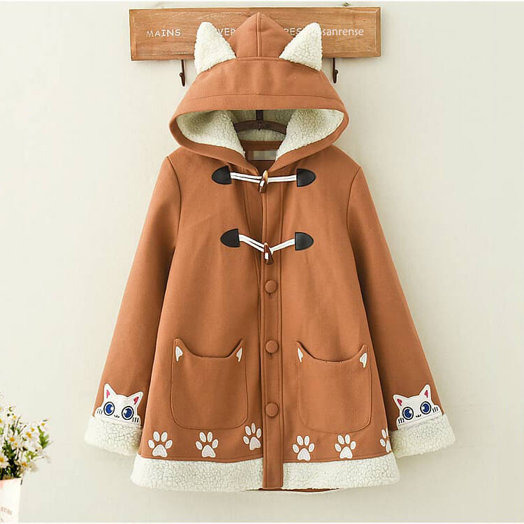 Brown Cat Hoodie Woolen Coat