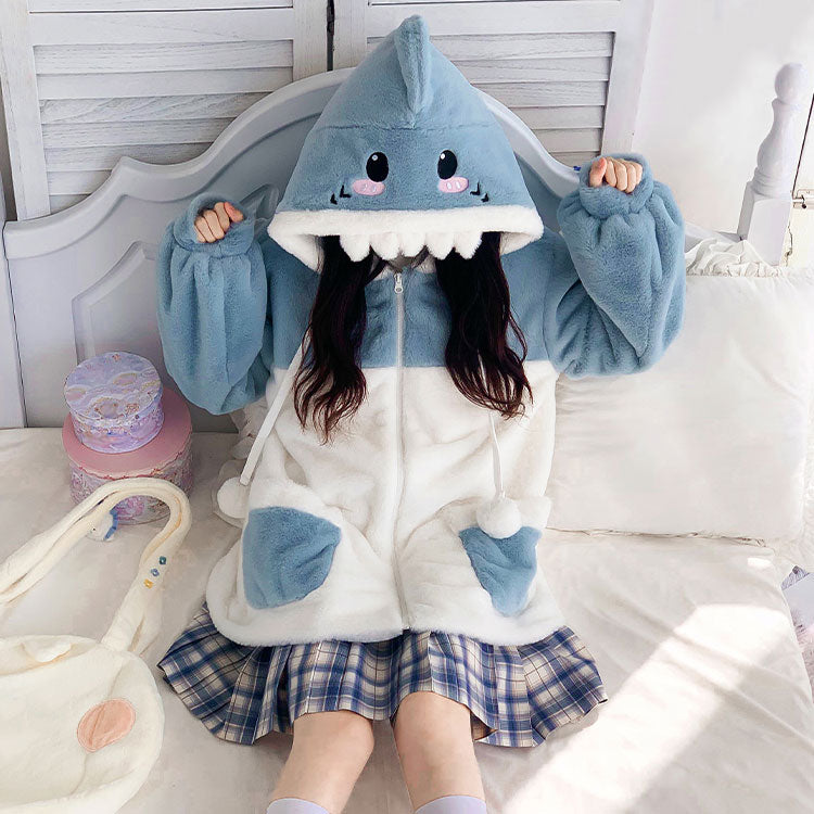 Cartoon Shark Plush Hooded Coat