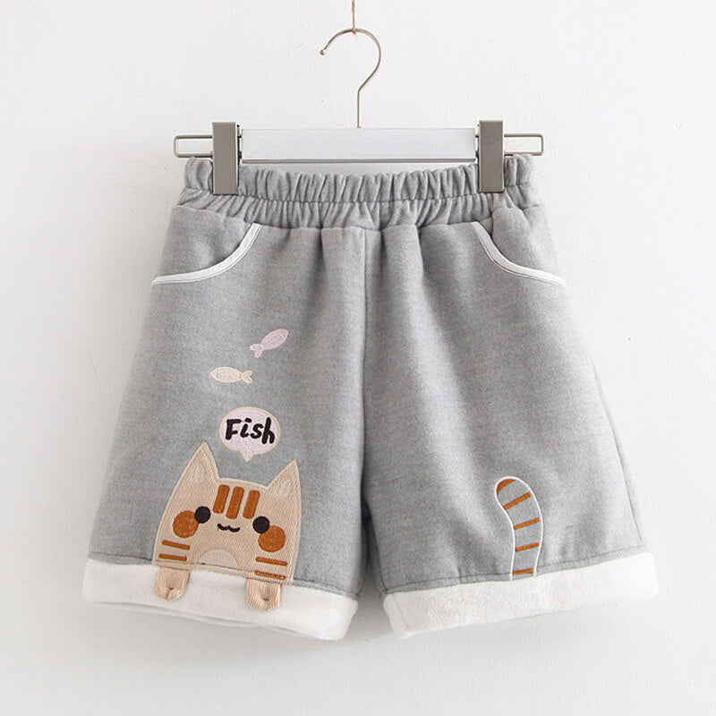 Cat Eating Fish Woolen Shorts