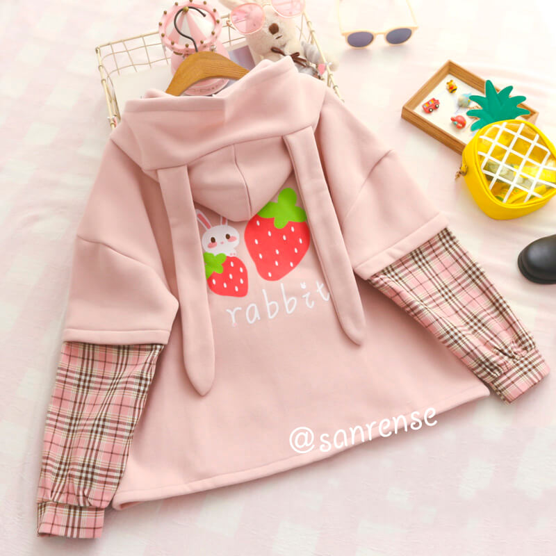 Cute Strawberry Rabbit Fleece Hoodie