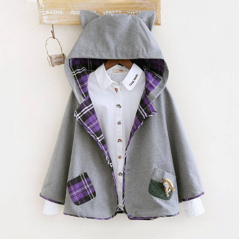 Cute Grid Cat Ear Hoodie Cape Coat