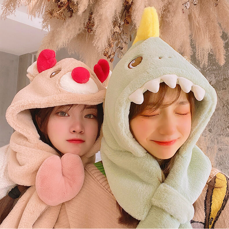 Dinosaur Elk Hooded Scarf Plush Warm Hat