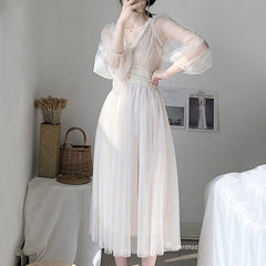 Elegant Button Puff Sleeve Lace Mesh Dress