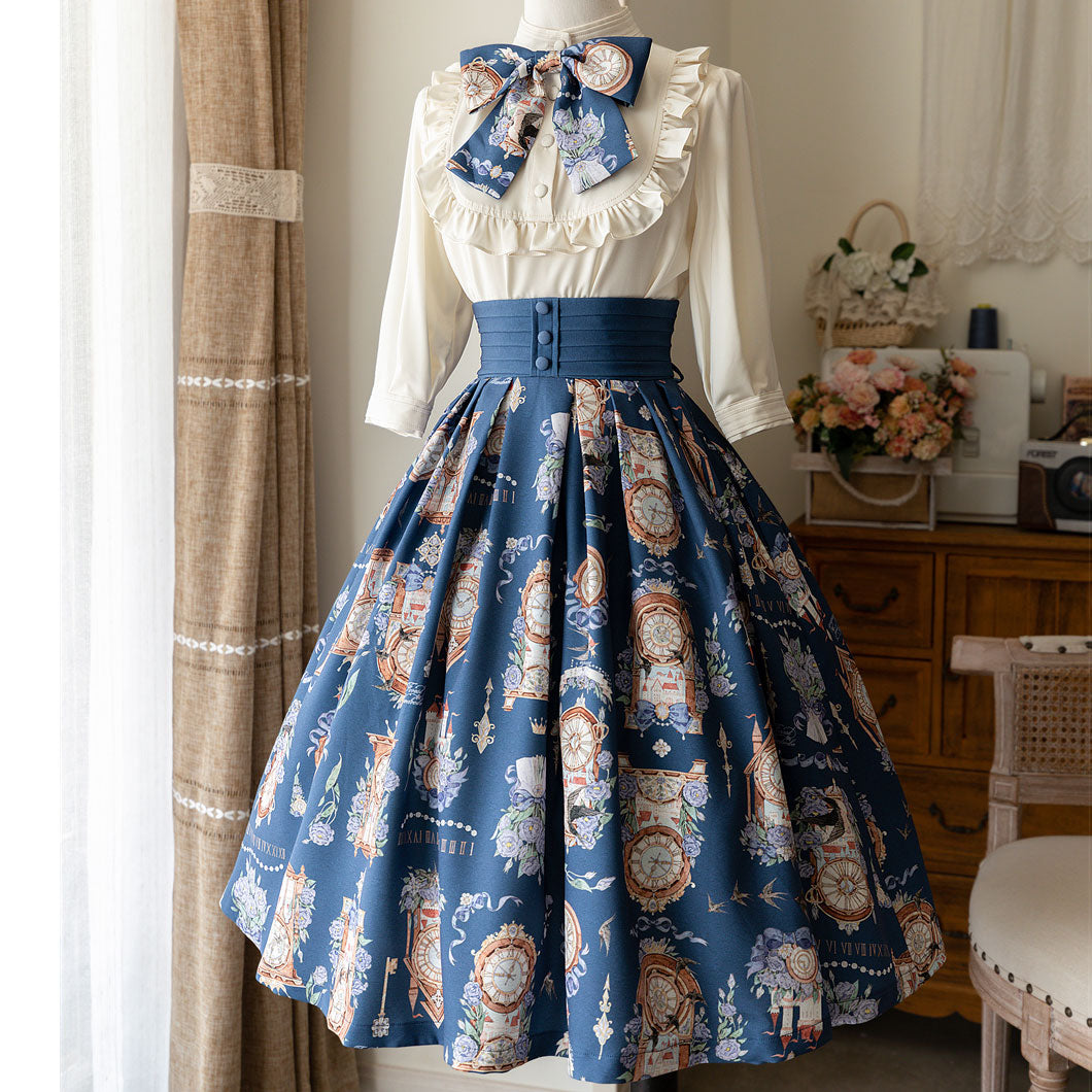 Elegant Clock Flower Skirt Bow Blouse Set