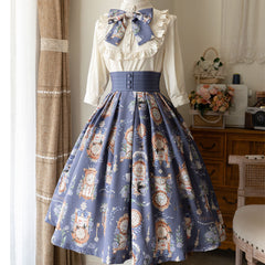 Elegant Clock Flower Skirt Bow Blouse Set